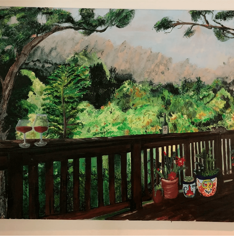 A painting of a deck with wine glasses and a tree.