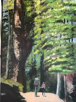 A painting of trees and people in the woods