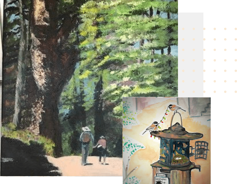 A painting of two people walking in the woods