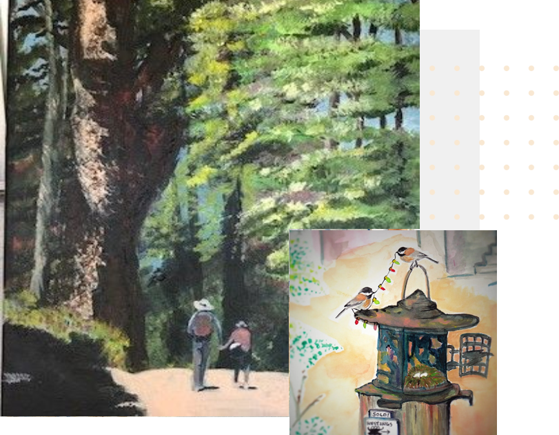 A painting of two people walking in the woods